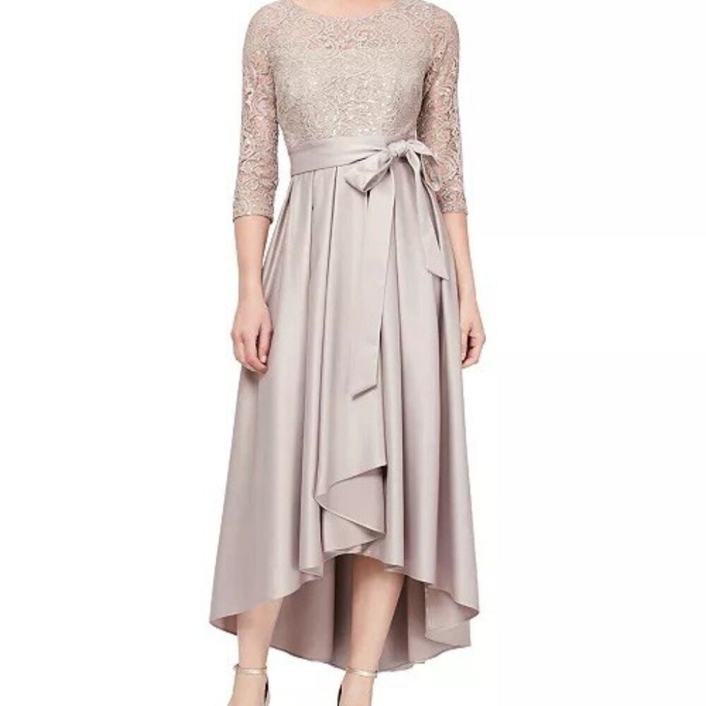 Alex Evenings Taupe Lace-Top Midi Dress with Bow